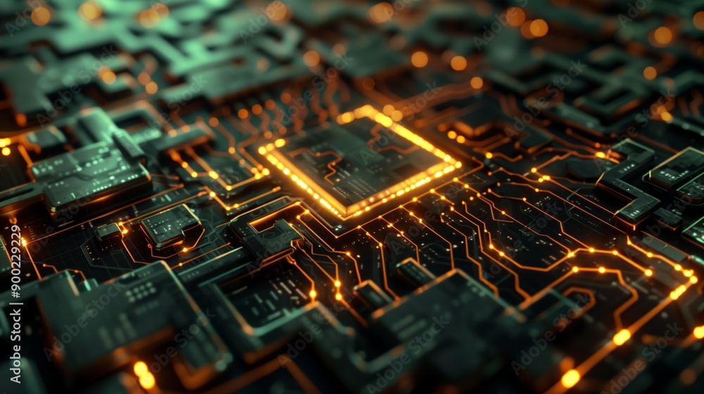 Poster close-up of a circuit board with a glowing, highlighted chip, showcasing the intricate pathways and 