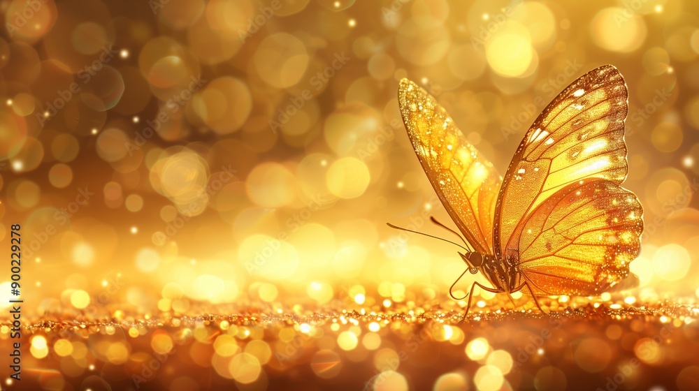 Poster a shimmering golden butterfly rests on a glittering surface, surrounded by vibrant bokeh lights, cre