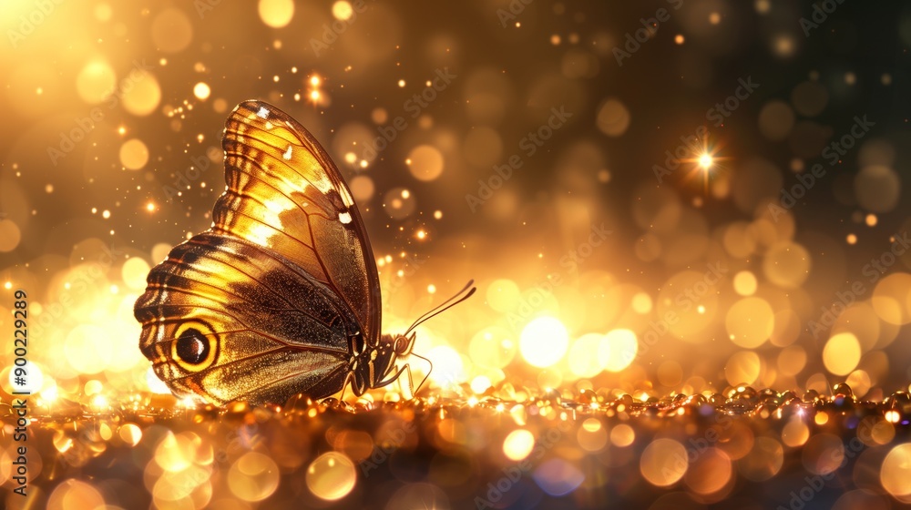 Poster a delicate golden butterfly rests on a shimmering surface, surrounded by a magical array of sparklin
