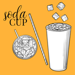 Hand drawn vector soda. Soft drink paper cup with ice cubes and straw. Top and side views of drinks assets ready to use and easy to edit. Black outline and white fill in separate groups.