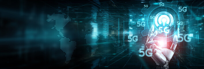 Robot hand holding a 5G technology-powered idea in communication, connectivity, innovation, and inspiration, science, and shaping the future.