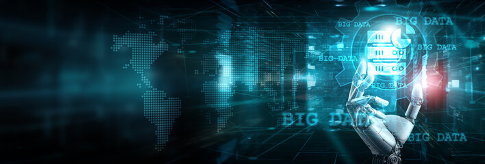 Robot hand holding a big data-driven innovation in technology, industry, research, inspiration, science, and the future.