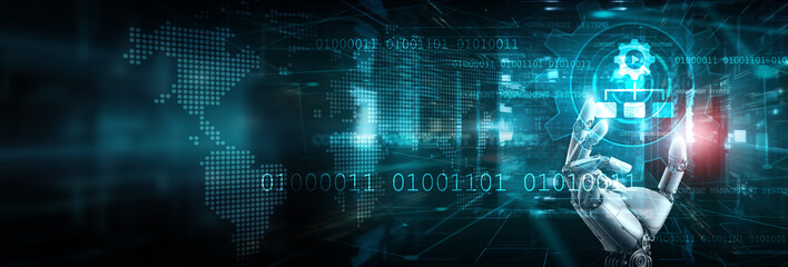 Robot hand holding a content management systems icon in a digital landscape, and a world map backdrop, symbolizing global digital transformation, content distribution, and enhanced online experiences.