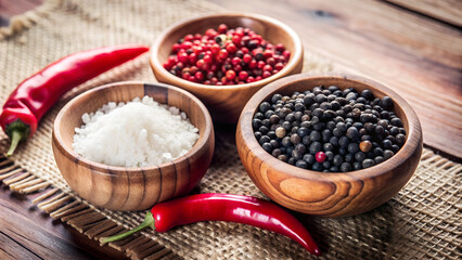Fototapeta premium Red pepper, black pepper, and salt in wooden bowls, isolated 