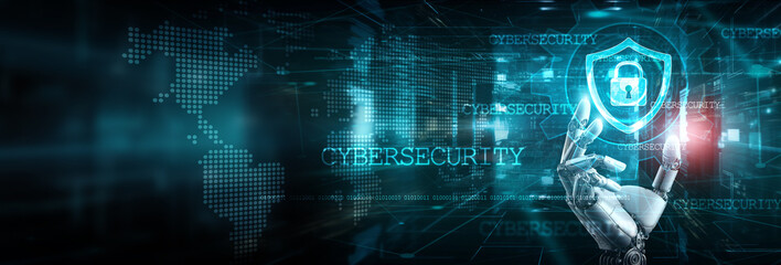 Robot hand holding a cybersecurity icon in a digital landscape, and global network, symbolizing...