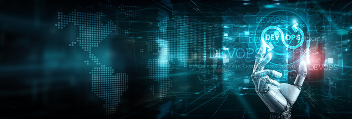 Robot hand holding a DevOps icon in a digital landscape, and a world map backdrop, symbolizing...