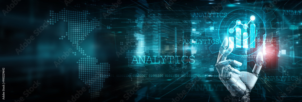 Poster robot hand holding an analytics icon in a digital landscape, and a world map backdrop, symbolizing d
