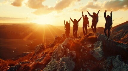 A group of hikers celebrating triumphantly on a mountain peak as the sun sets, casting a warm golden light over the rugged landscape.