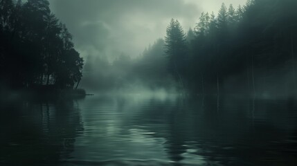 A serene, misty lake surrounded by dense forest at dawn, creating a mysterious and tranquil atmosphere with soft light and reflections on the water.