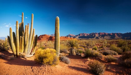 Sonoran desert landscape with organ pipe cactus and red mountains under a blue sky