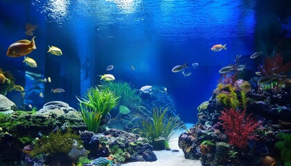 Fototapeta na wymiar School of colorful fish is swimming in a large aquarium