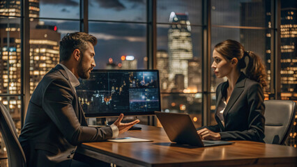 Couple business person enjoying analyzing business data and conversation in cozy office interior