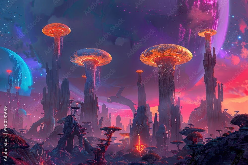 Canvas Prints an alien landscape with towering structures and glowing mushrooms