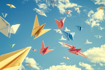 A group of colorful paper airplanes flying in the sky, symbolizing friendship.