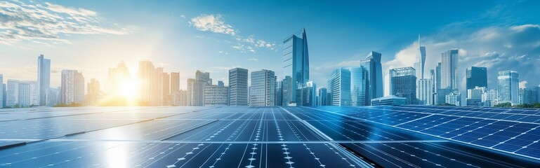 Fototapeta premium Solar panel in front of a city skyline in sunset, symbolizing the shift towards renewable energy concept. 