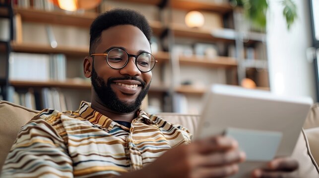 a handsome black man sitting on the couch in his modern living room smiling at tablet computer