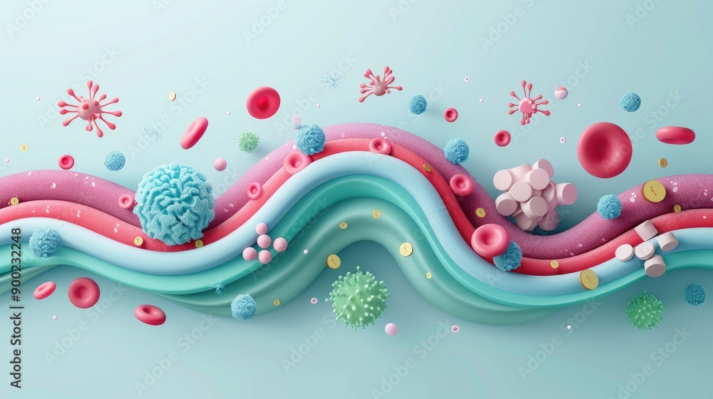 Poster microbial landscape, an abstract representation showcasing colorful cellular structures and blood co