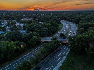 Aerial view of the Southern State Parkway at sunset in Valley Stream, Long Island, New York, U