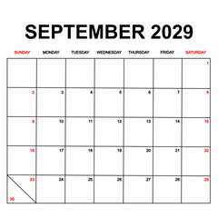 september 2029. Calendar with holydays or red dates. monthly calendar design with week starts on sunday. printable, simple, and clean vector design isolated on white background.