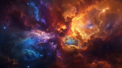 Fototapeta premium A stunning cosmic nebula with vivid colors of blue, orange, and purple, depicting the beauty and mystery of space.