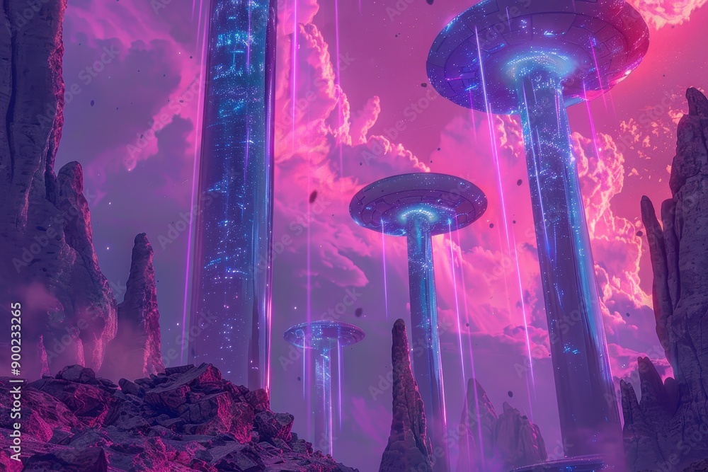 Canvas Prints a futuristic landscape with towering structures and vibrant otherworldly lighting