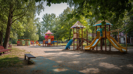 A park with a playground and a bench
