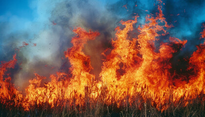 Fiery flames consume a field of tall grass casting an orange glow against a smoky blue sky