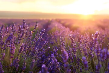 Naklejka premium A field of lavender under a golden sunset, with the purple flowers swaying gently in the breeze, representing the calm and comfort of friendship.