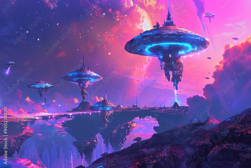 Wall mural a futuristic cityscape with floating structures and vibrant skies