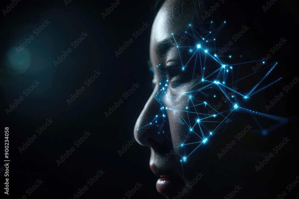 Poster Close-up of a Person's Face with a Digital Network Overlay