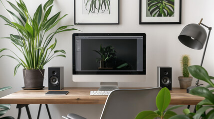 A computer desk with a monitor, speakers, and a potted plant