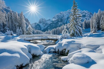 Winter Wonderland with a Bridge over a Stream