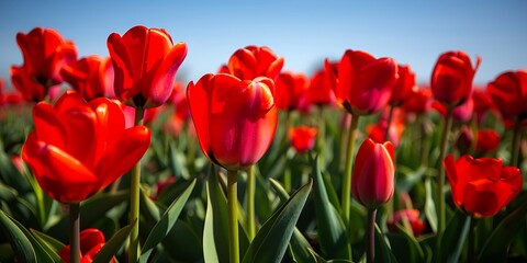 A field of bright red tulips under a clear blue sky, symbolizing passion and energy in friendships.