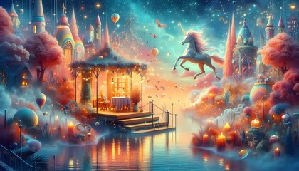 Obraz premium An illustration of a vibrant cityscape at night, featuring people in the park and on the streets, with a mix of old and modern buildings, festive Christmas light