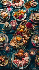Obraz premium A festive table setting with colorful friendship-themed decorations and a spread of delicious food.