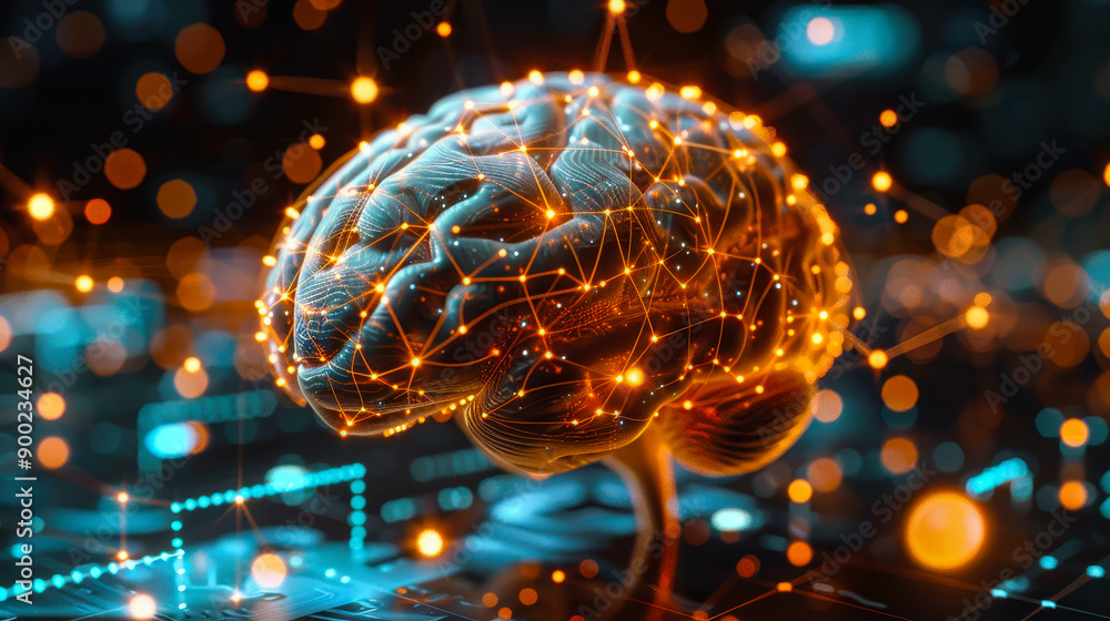 Poster 3d illustration of futuristic brain with ar and ai integration, artificial intelligence robot brain 