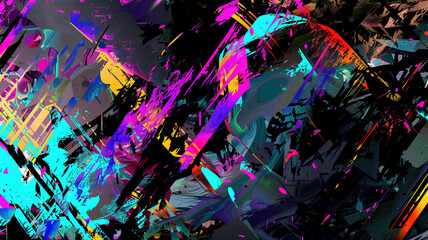 Vibrant abstract art with bold splashes of neon colors on a dark background, creating a chaotic yet mesmerizing visual experience.