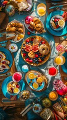 Fototapeta premium A festive table setting with colorful friendship-themed decorations and a spread of delicious food.