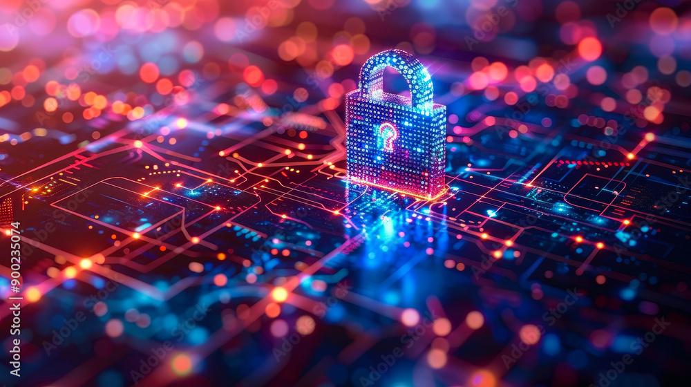 Poster cybersecurity digital lock protecting data network with futuristic visualization, emphasizing securi