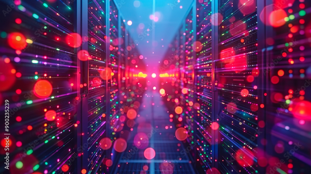 Poster fiber optic network in data center visualizing cloud computing infrastructure with connected servers