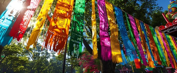 Fototapeta premium A festive display of colorful streamers and banners hanging in a park, celebrating friendship day.