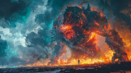 Epic Night Battle Between Human and Alien Monster in Fiery Apocalypse, Digital Art of Man Fighting Giant Monster in Dramatic Nighttime Scene, Concept Fantasy Illustration