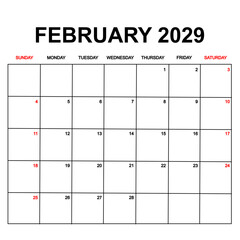 february 2029. Calendar with holydays or red dates. monthly calendar design with week starts on sunday. printable, simple, and clean vector design isolated on white background.