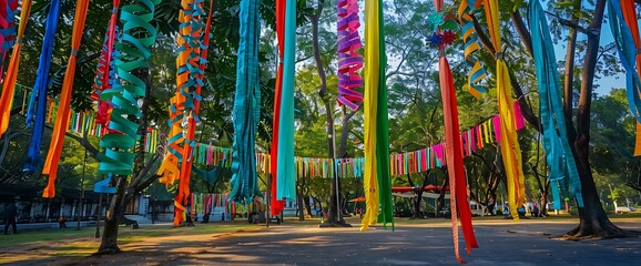 A festive display of colorful streamers and banners hanging in a park, celebrating friendship day.