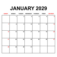 january 2029. Calendar with holydays or red dates. monthly calendar design with week starts on sunday. printable, simple, and clean vector design isolated on white background.