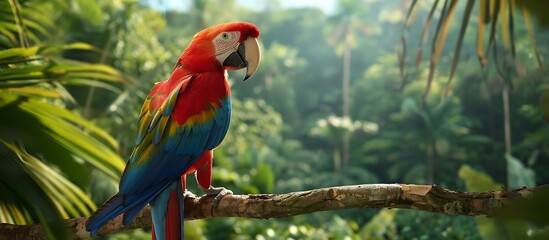 Obraz premium A colorful parrot perched on a branch in a tropical rainforest, symbolizing the vibrant conversations and connections of friends.