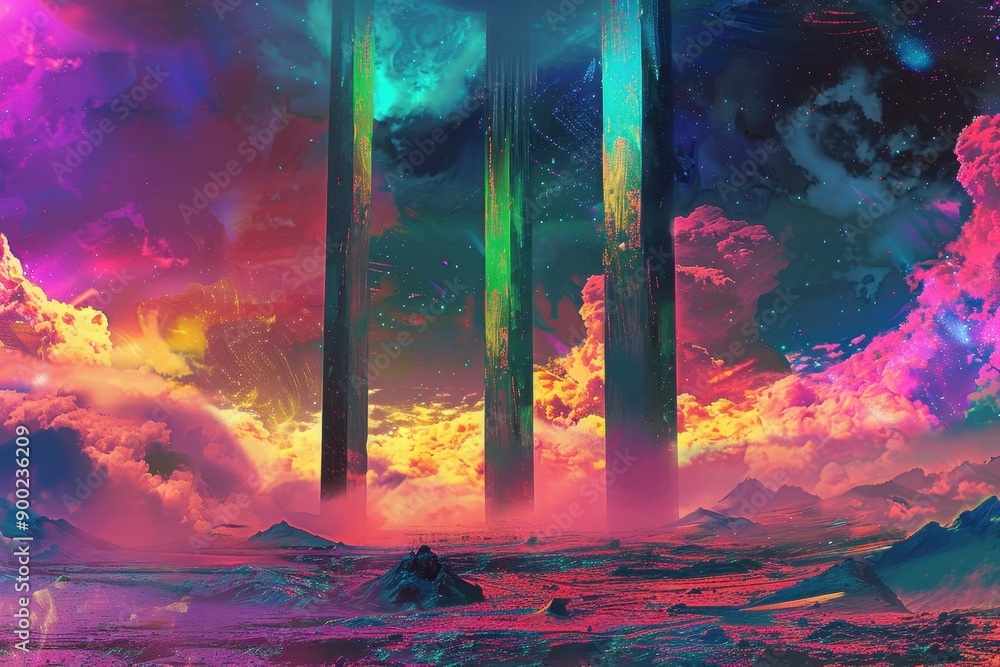 Canvas Prints a surreal landscape with vibrant clouds tall structures and glowing mountains
