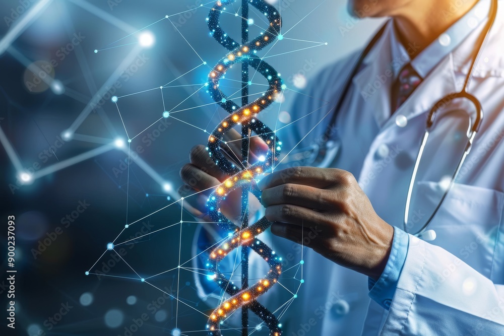 Poster doctor analyzing a dna strand with a digital interface symbolizing the integration of genetics and a