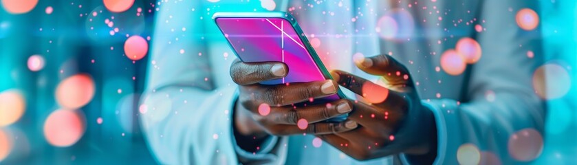 Modern Business Professional with Neon Smartphone - Close-up Corporate Communication Concept with Vibrant Lighting