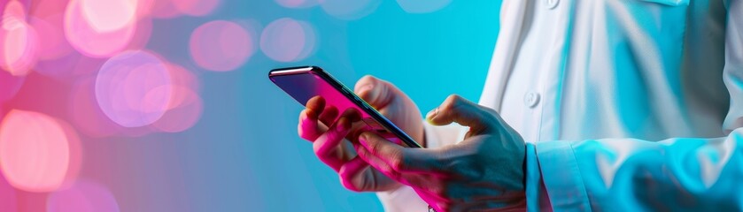 Modern Business Professional Holding Smartphone with Vibrant Neon Borders in Close-up Studio Shot